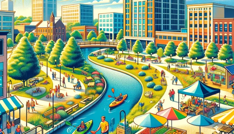 Illustration of Fishers, Indiana, featuring a vibrant downtown, families in a park, kayaking on a river, and a farmers market.
