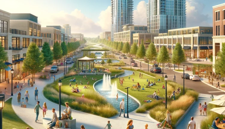 A vibrant scene in Fishers, IN, showing people enjoying outdoor activities in a park with modern buildings and a cultural event in the background.