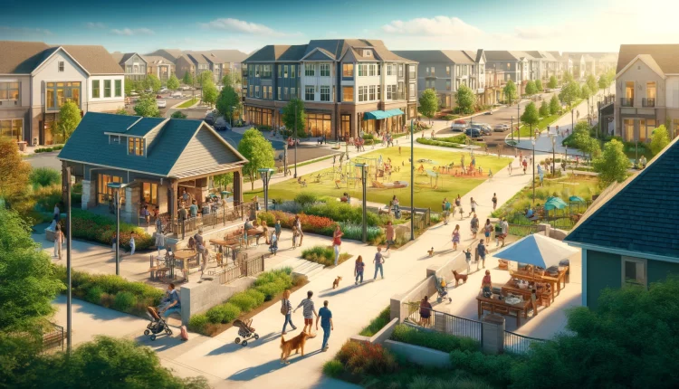 A vibrant suburban neighborhood in Fishers, Indiana, featuring a community park, families enjoying outdoor activities, a modern shopping center, and charming single-family homes.